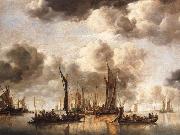 Jan van de Cappelle, A Dutch Yacht Firing a Salute as a Barge Pulls Away and Many Small vessels at Anchor